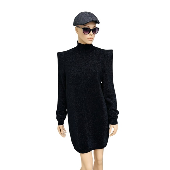 Zara Dresses & Skirts - Zara Black Turtleneck Shoulder-Pad Sweater Metalic Long Sleeve Mini Dress